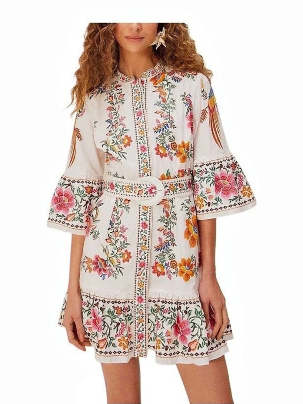 Stitched Garden Off-White Mini Dress White & Pink